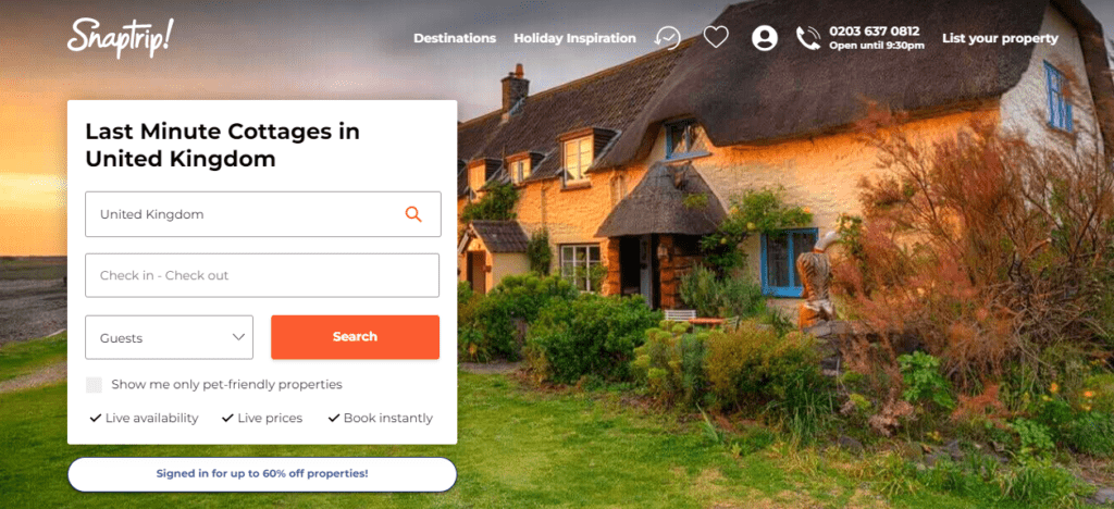 Snaptrip UK Cover Image showing search interface for booking Last Minute Cottages in United Kingdom