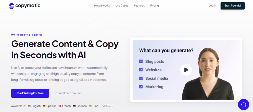 Copymatic Cover Image showing what can you generate with AI Copywriter and how to get started for free