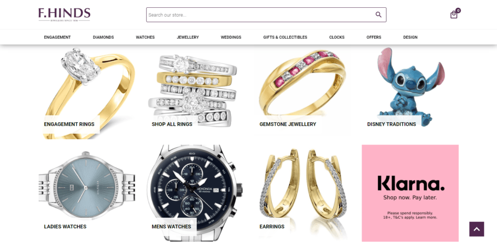 FHinds Cover Image showing featured options including Diamond Rings, all Gold & Silver Rings, Gemstone Jewellery, Gifts & Collectibles, Earrings, and Men's & Women's Watches