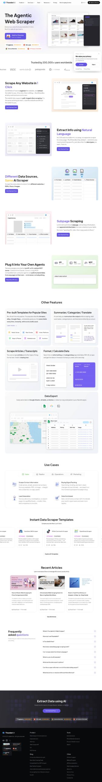 Thunderbit homepage showing the AI web scraper pitch and its user-count claim