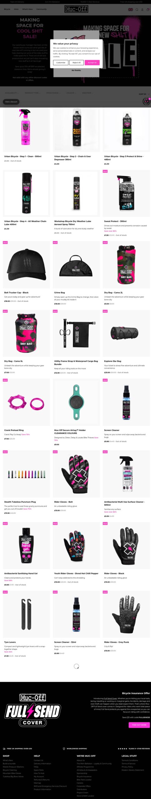 Muc-Off warehouse clearance collection page showing discounted product prices, August 2026