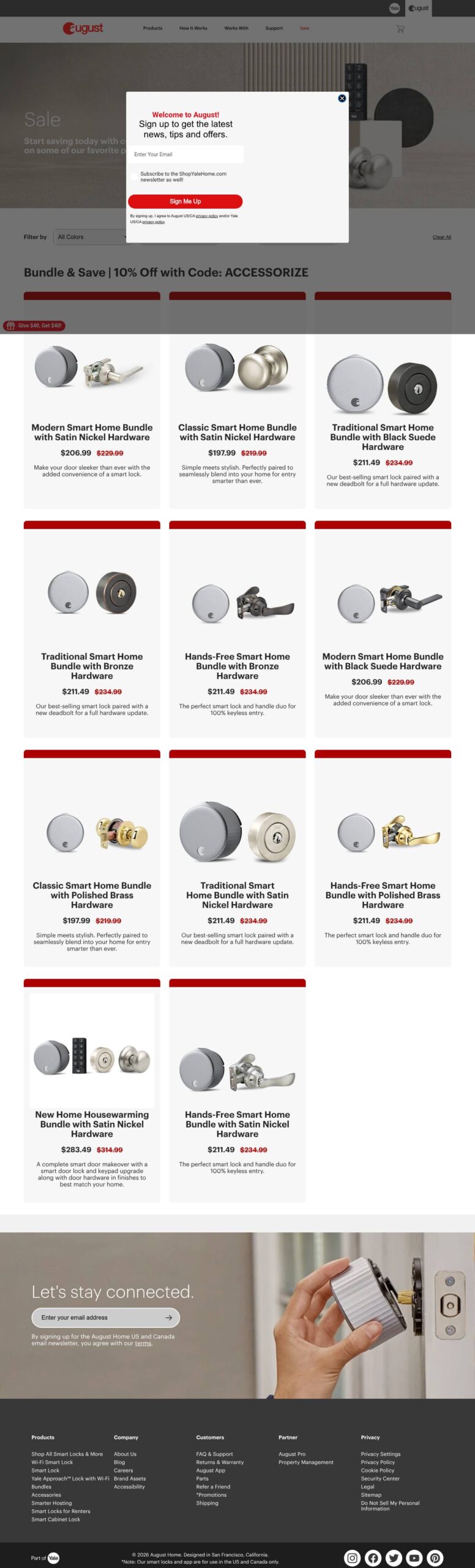 August Home sale page showing smart door bundle prices with strikethrough discounts