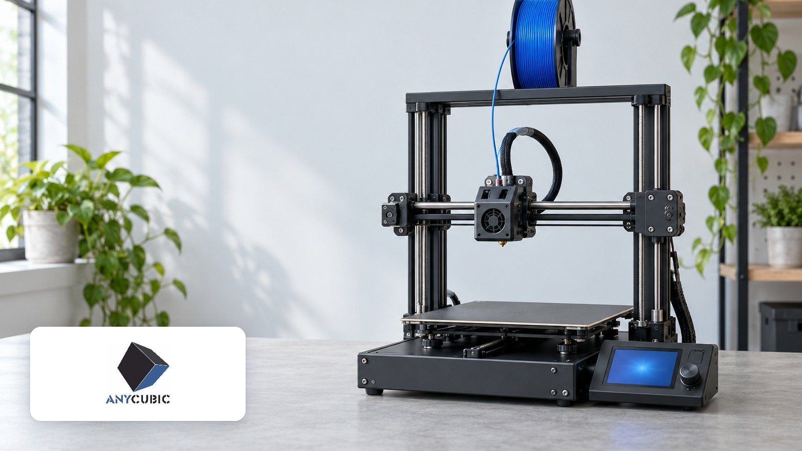 Anycubic logo with Black desktop filament 3D printer with blue spool on a bright studio workbench