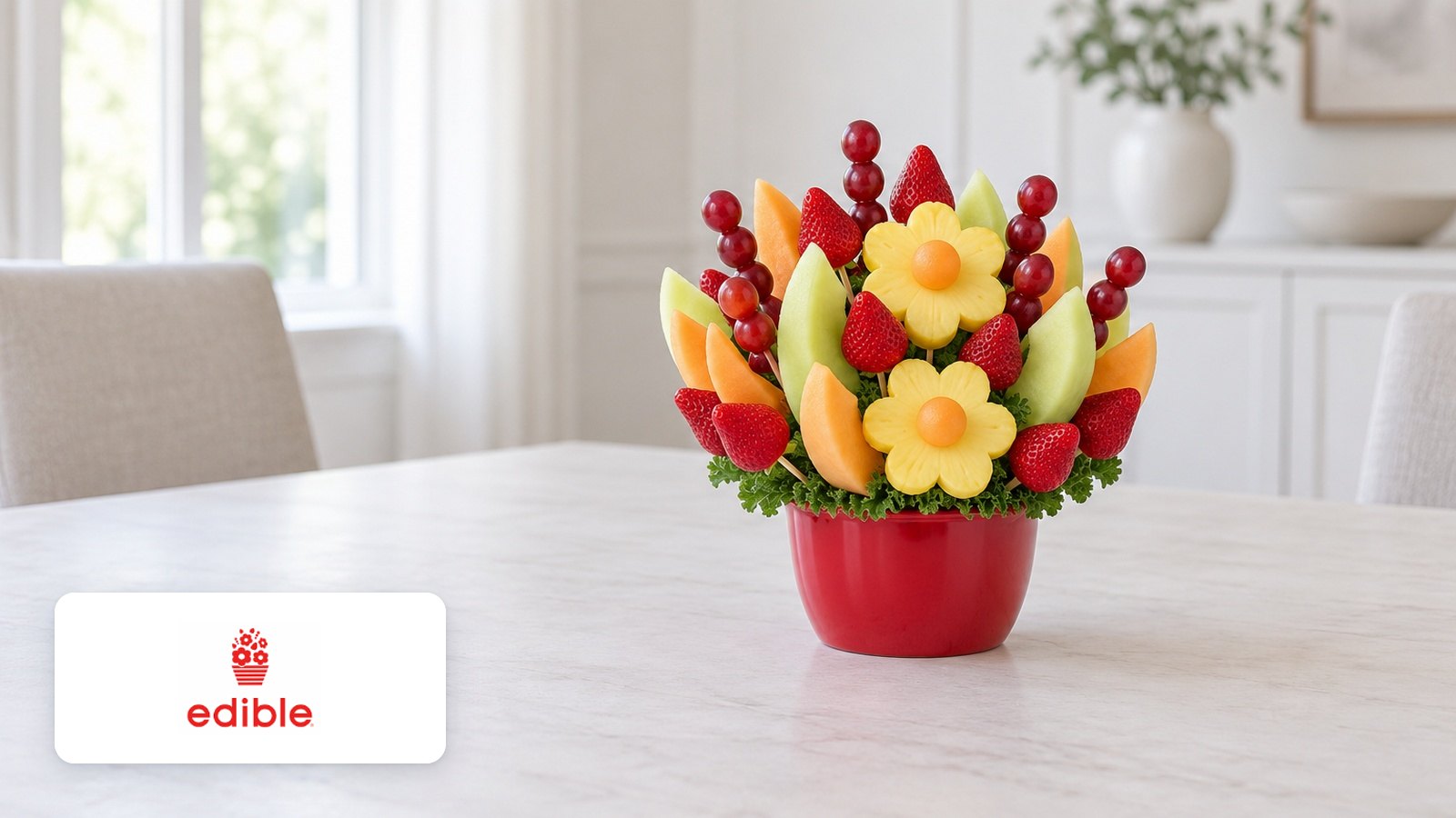 Edible Arrangements logo with Skewered strawberry, melon, grape and pineapple-daisy fruit bouquet in red pot on table