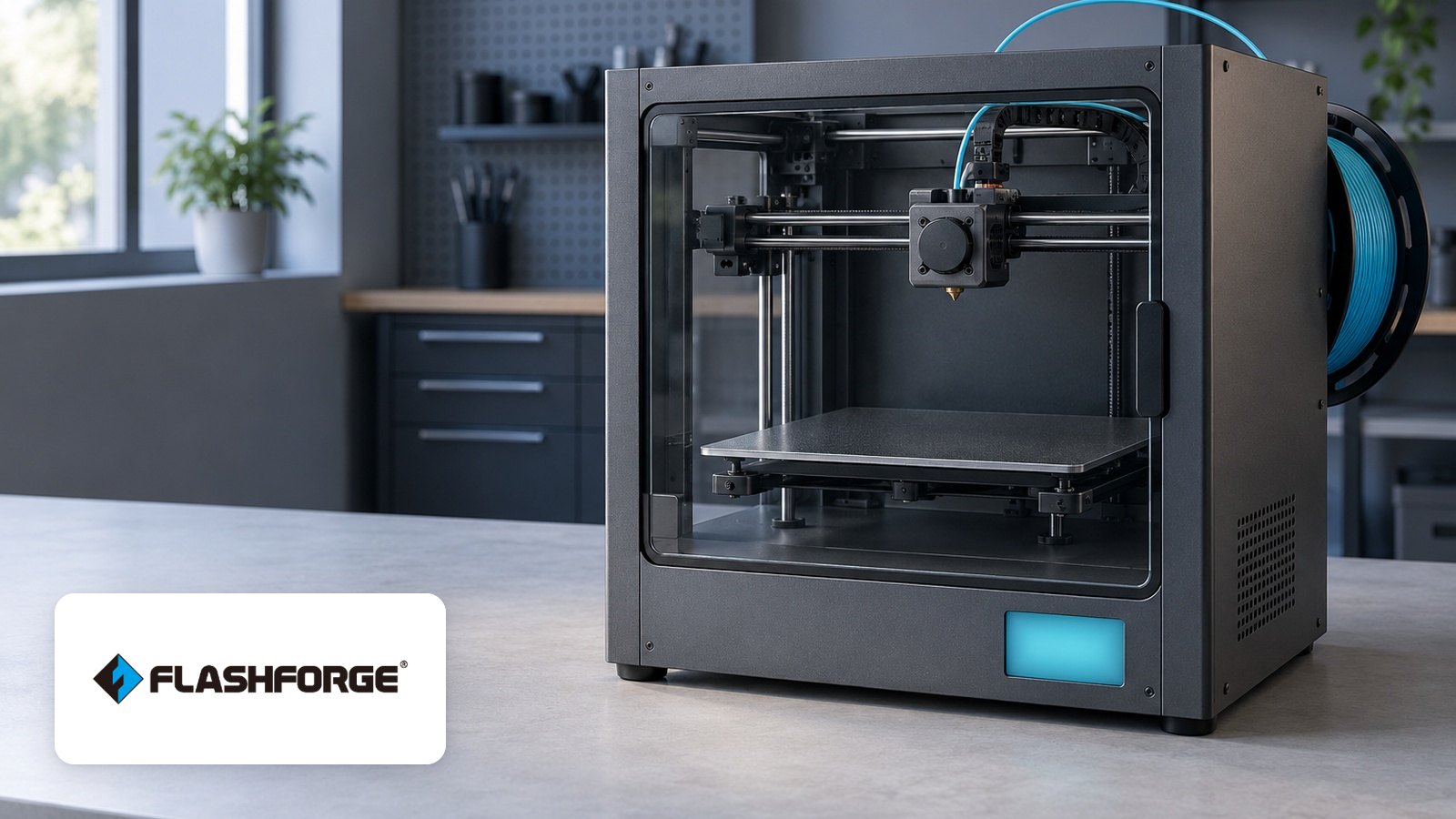 Flashforge logo with Dark enclosed desktop 3D printer on workbench, cyan filament spool