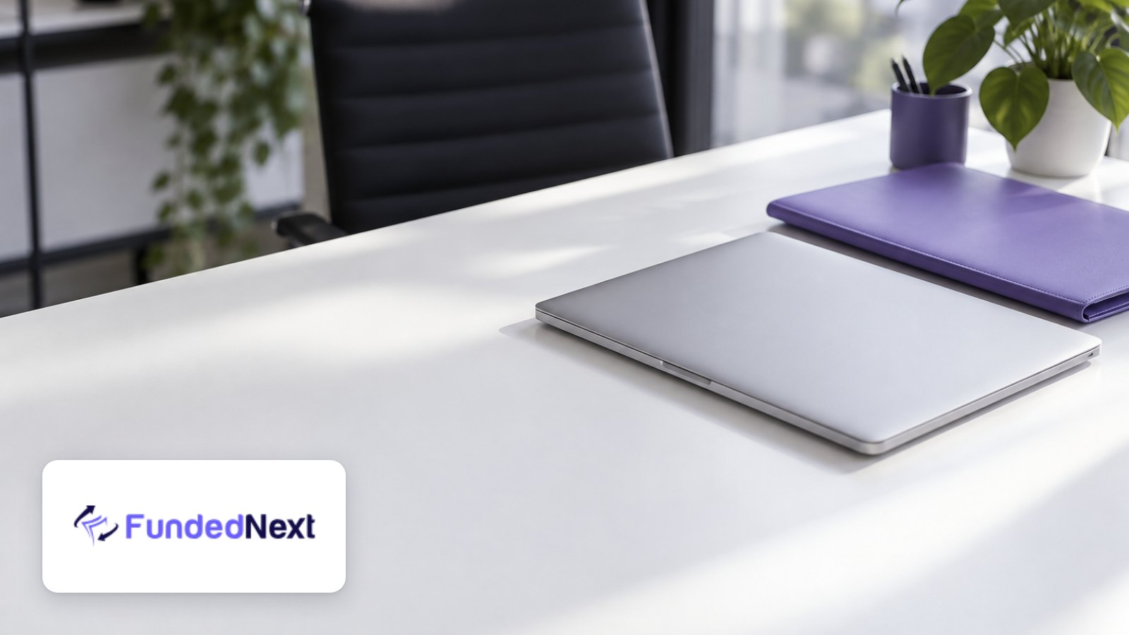 FundedNext logo with laptop on cobalt-accented basalt steps
