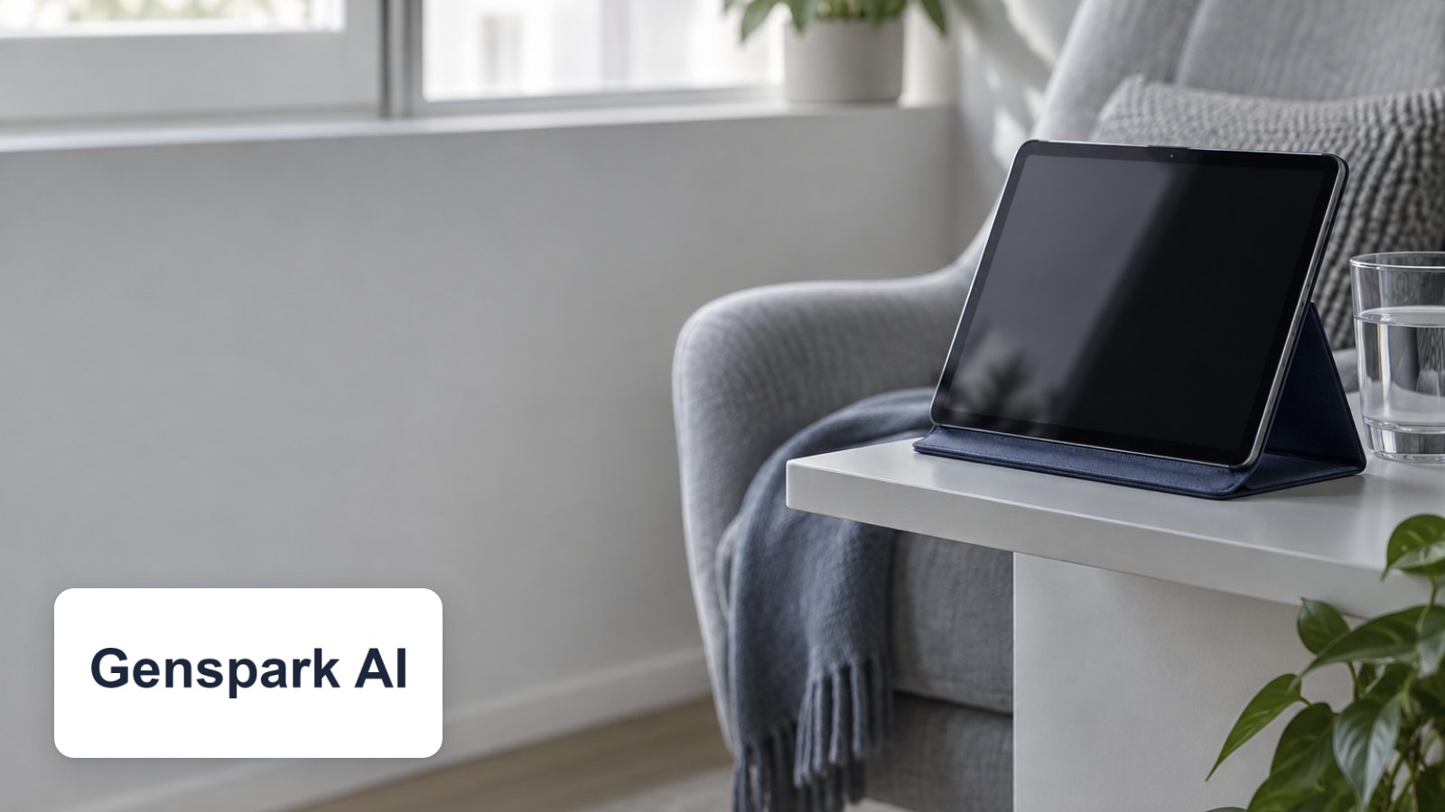 Genspark AI logo with laptop in a paprika-walled loggia