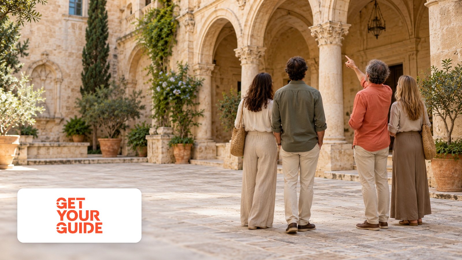 GetYourGuide logo with Guide pointing at historic stone arcade, three visitors from behind in sunlit courtyard
