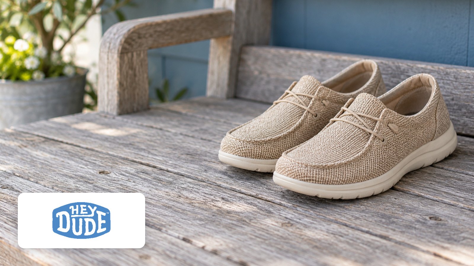 HEYDUDE logo with Pair of tan woven slip-on lace shoes with cream soles on weathered porch bench