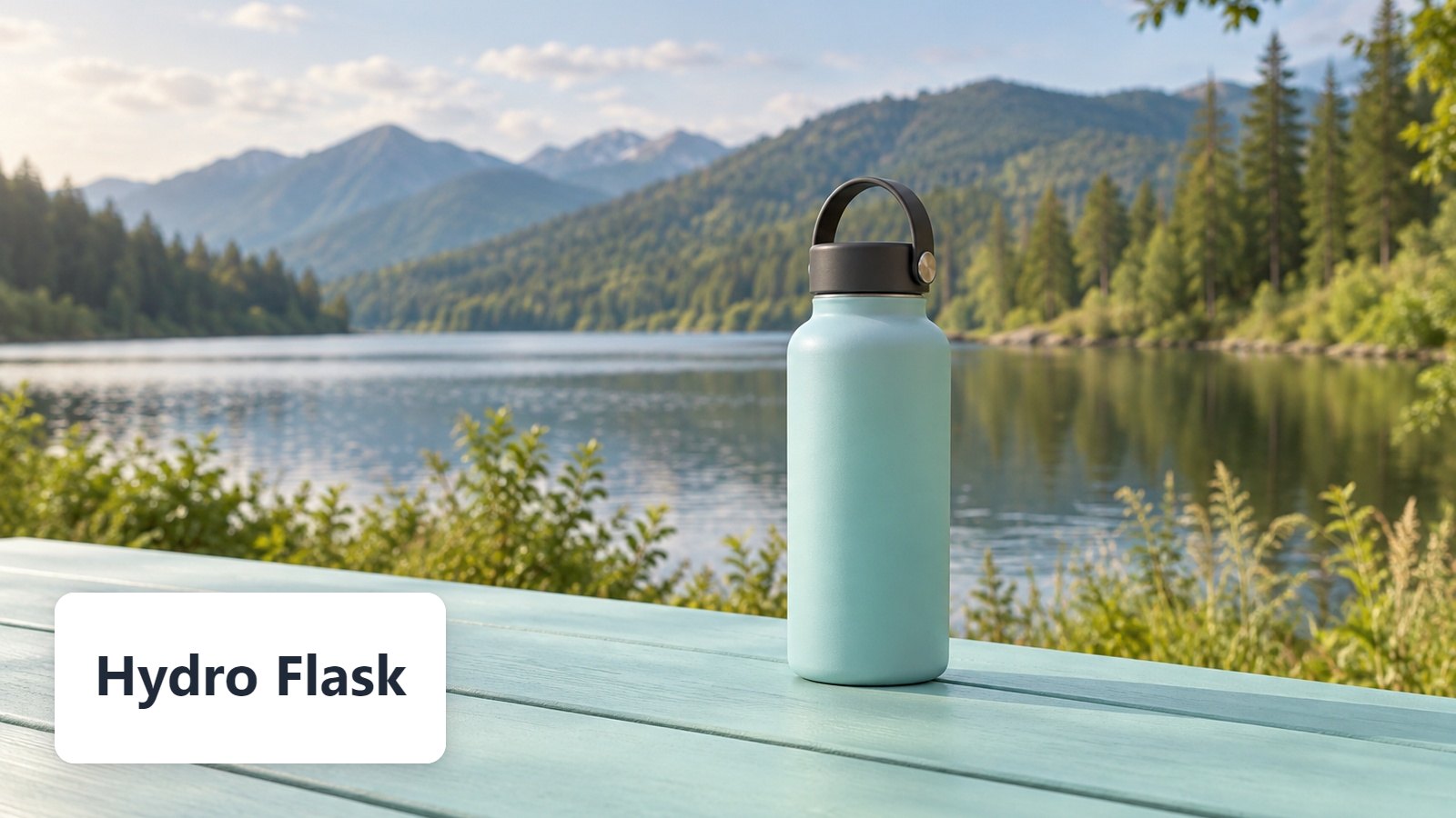 Hydro Flask name with Pale aqua insulated bottle with loop cap on aqua picnic table by mountain lake