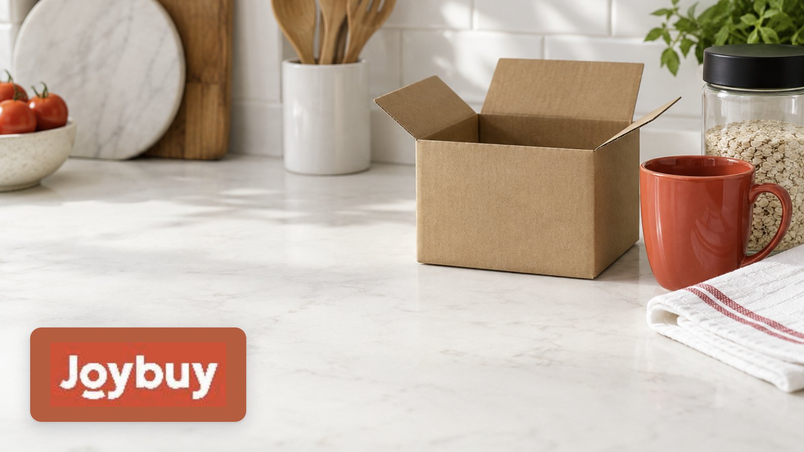 Joybuy logo with parcel on an emerald display plinth