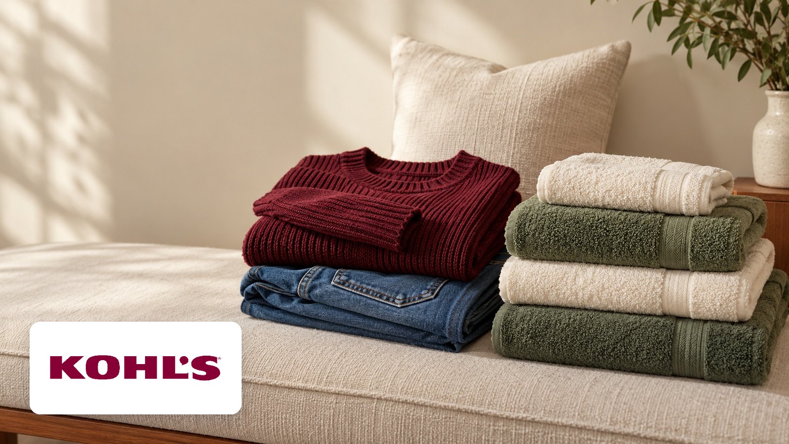 Kohls logo with Folded burgundy knit sweater, blue jeans, cream and green bath towels, cushion on bench