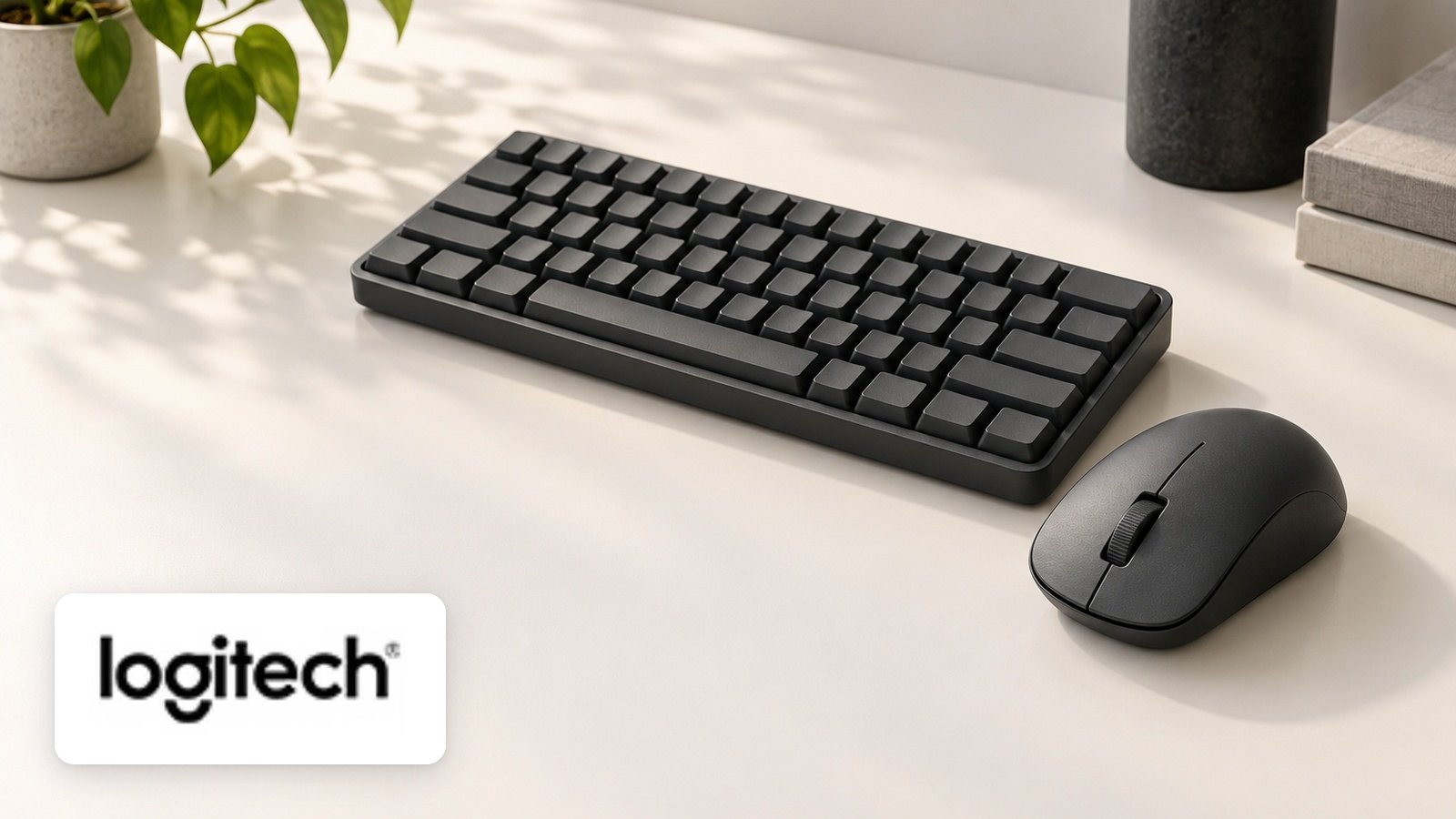Logitech US CA MX logo with Black compact blank-keycap keyboard and wireless mouse on light desk with plant