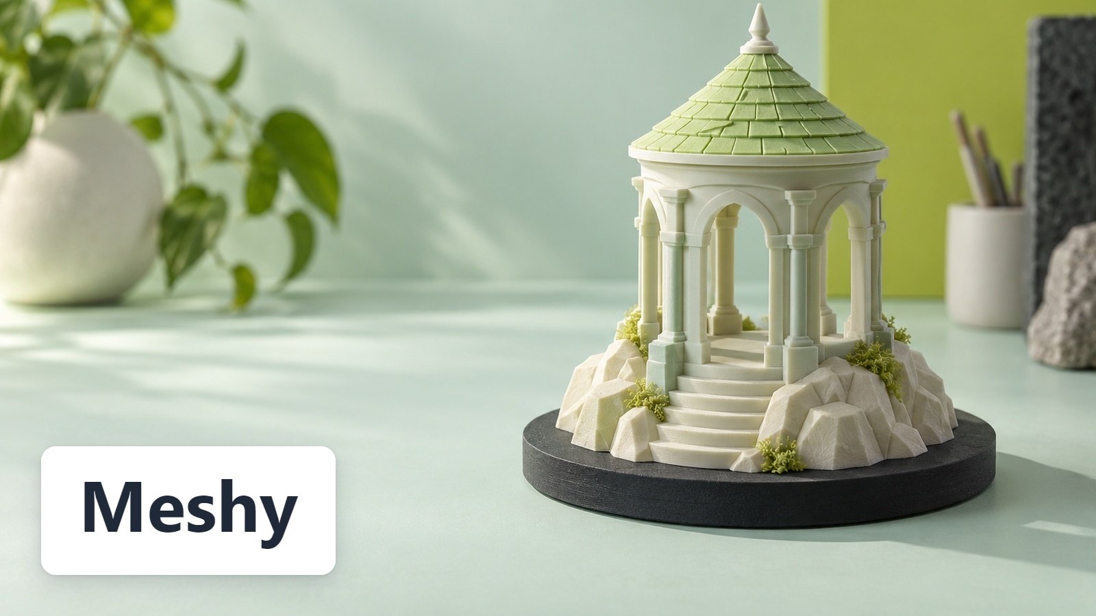 Meshy name with 3D-printed stylised gazebo miniature on terrain base, mint studio desk