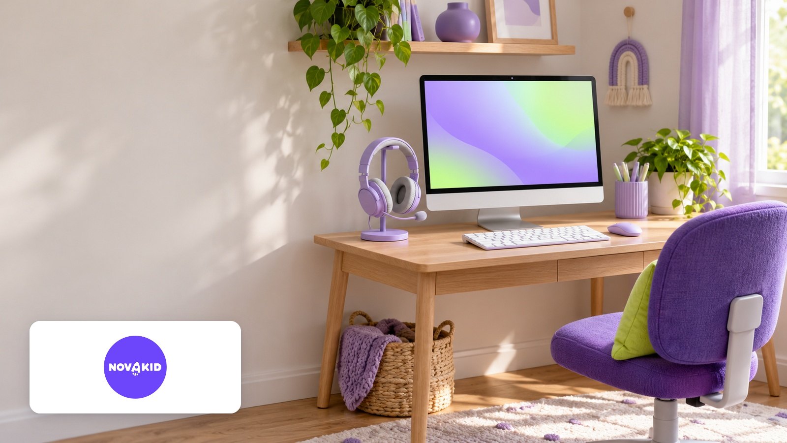 Novakid logo with Lavender home desk with monitor, boom-mic headset on stand, purple chair, plants