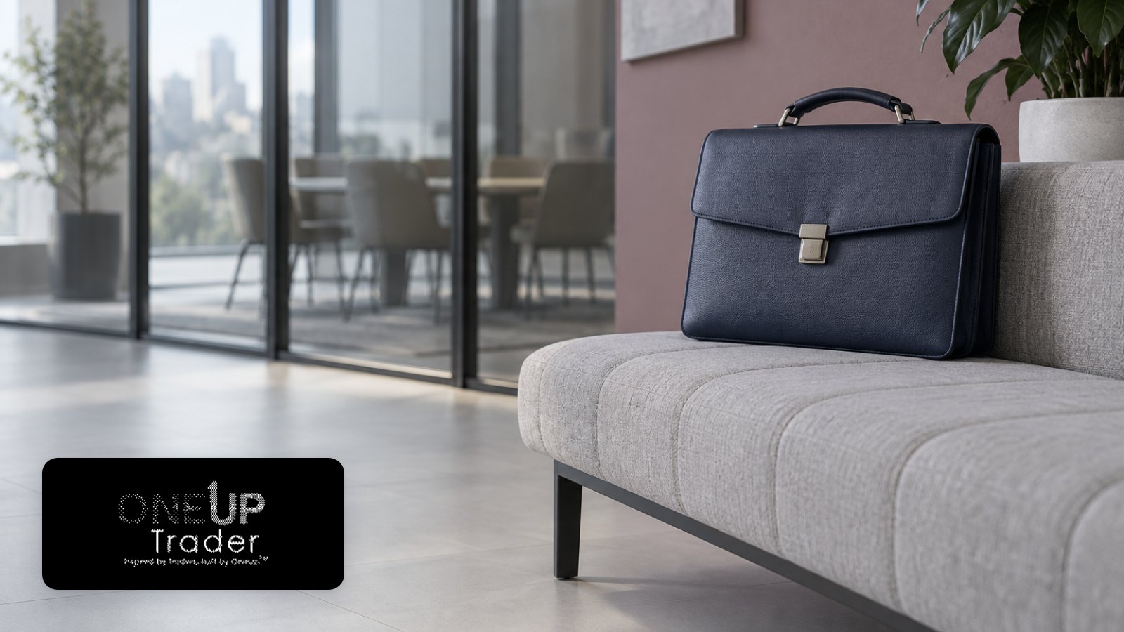 OneUp Trader logo with laptop in a chestnut dusk alcove