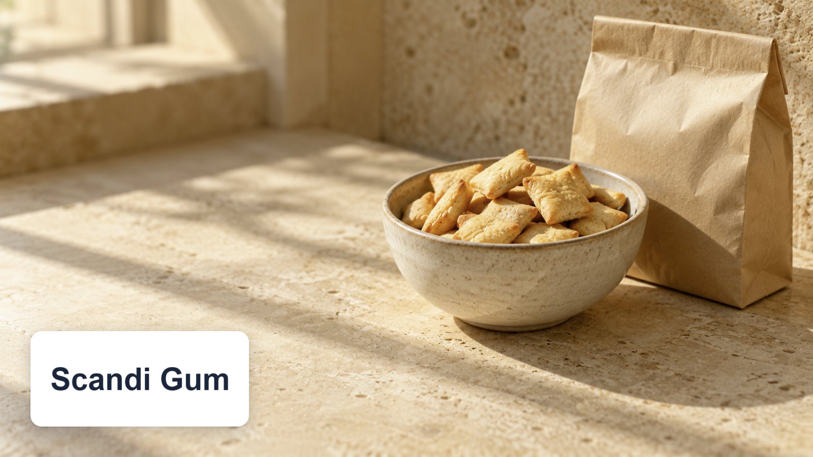 Scandi Gum logo with snack pieces in ceramic bowl