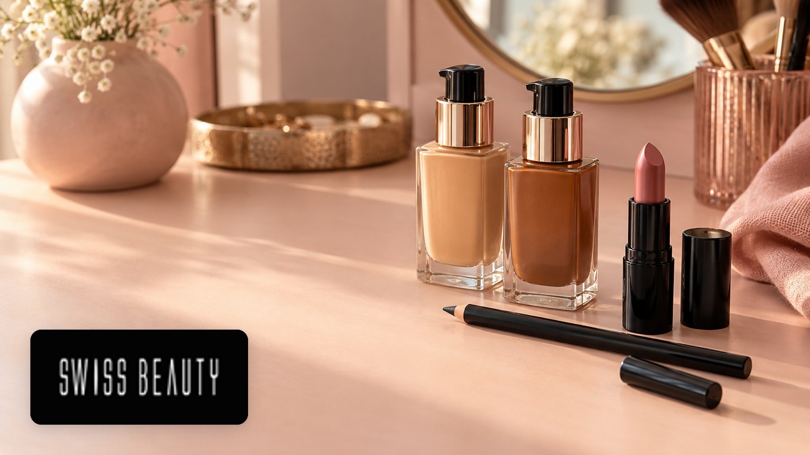 Swiss Beauty logo with Two glass pump foundation bottles, pink lipstick, kajal pencil with cap on peach vanity