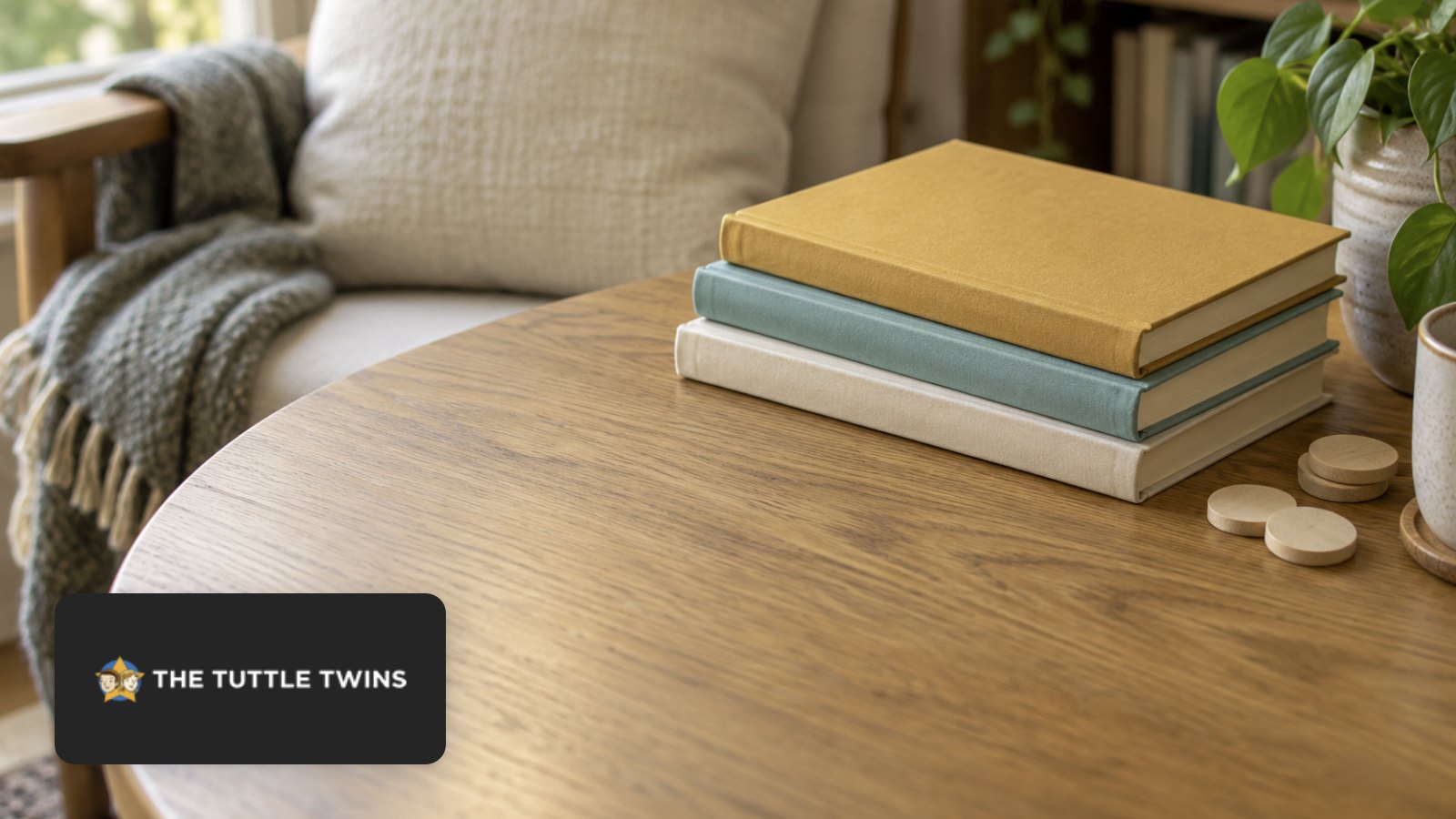 The Tuttle Twins logo with wooden building blocks in a teal fireside room
