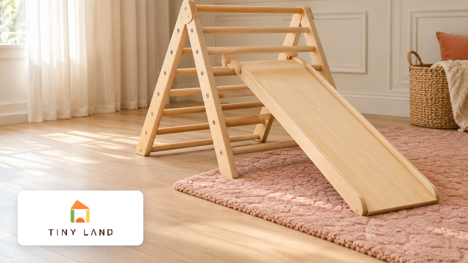 Tiny Land logo with Pale wood Pikler climbing triangle with hooked slide ramp on pink rug, cream room