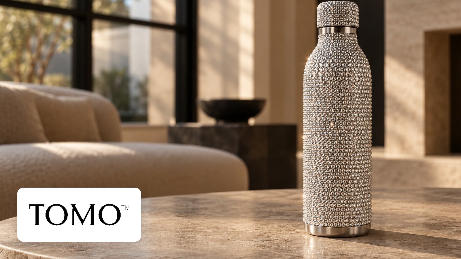 TOMO Bottle logo with Silver crystal-covered steel water bottle on a stone table in a warm, upscale lounge