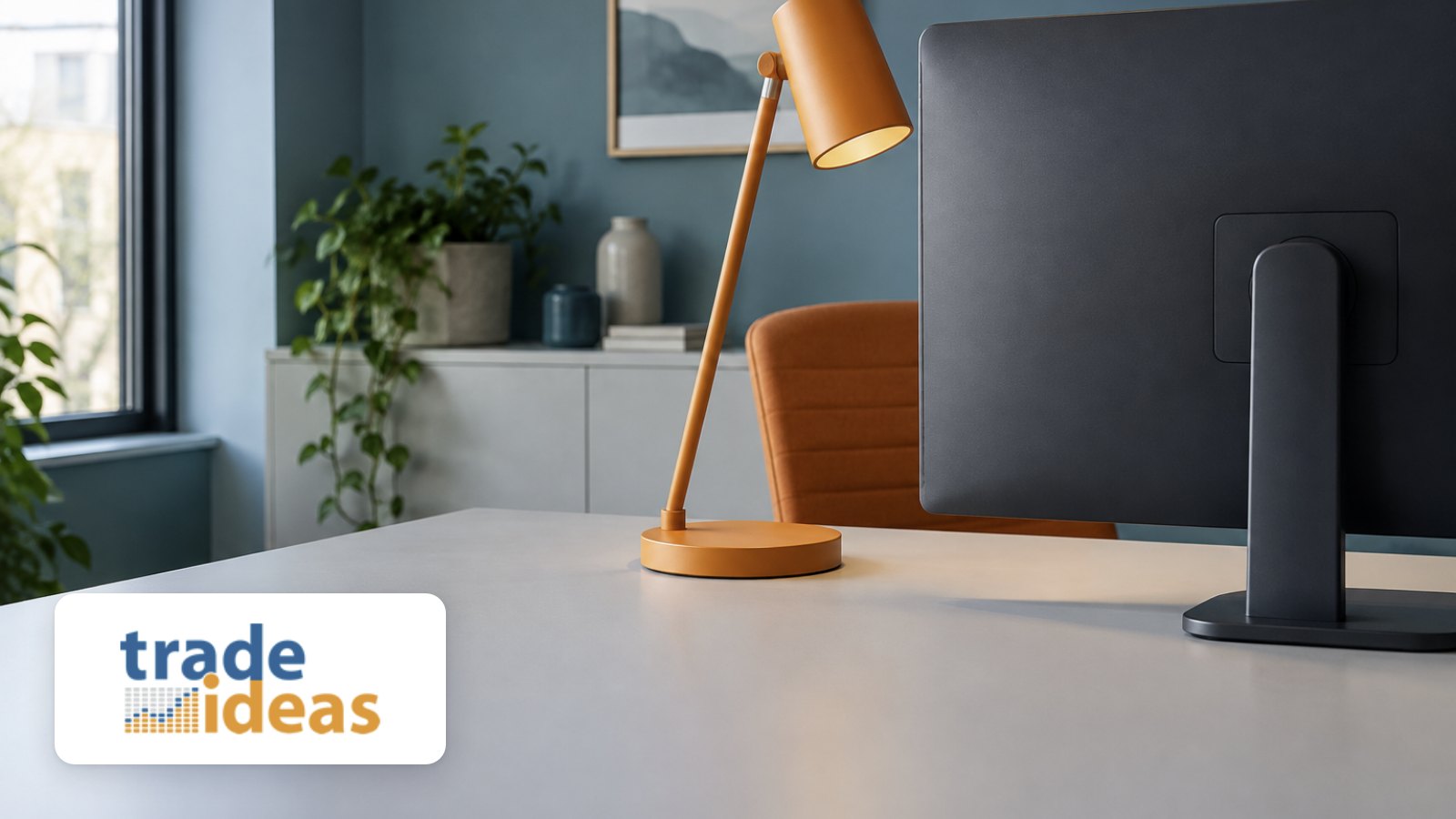 Trade Ideas logo with laptop on a scarlet-lit covered terrace