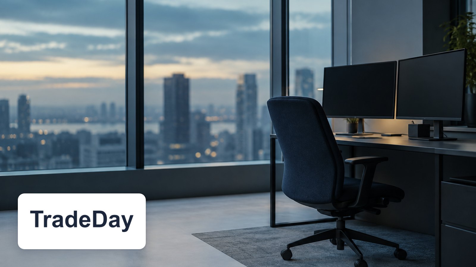 TradeDay logo with laptop in a cinnamon-toned fireside nook