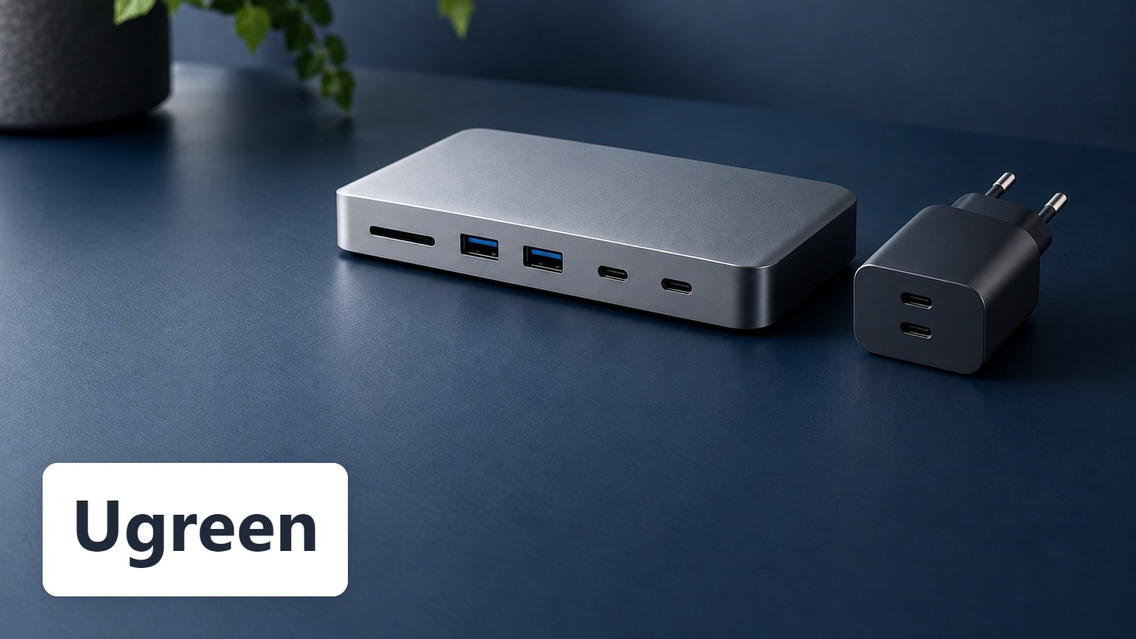 Ugreen name with Brushed-metal multiport dock with card slot and USB ports beside compact black USB-C wall charger