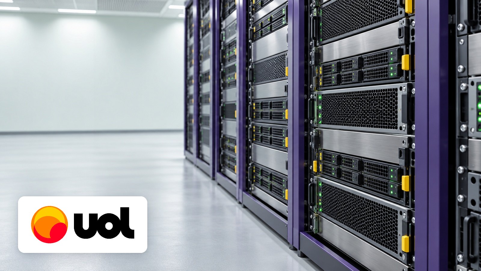 UOL Host logo with Clean data-centre aisle of purple-framed rack servers with grilles, drive bays, green LEDs