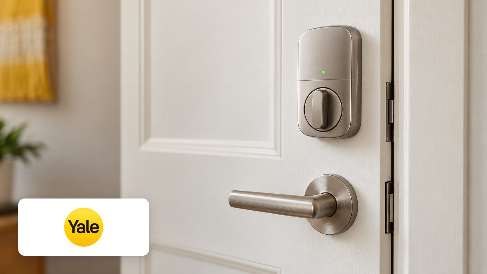 Yale Home logo with Brushed-nickel smart deadbolt with thumbturn and status light above lever on white door